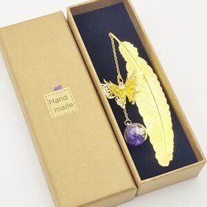 Gold Feather Metal Bookmark with Butterfly & Real Dried Flower Charm -Purple